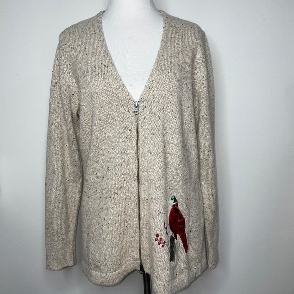 Woolrich Sweaters - Woolrich Embroidery Cardinal Zip Wool Blend Holiday Cardigan Sweater Oatmeal L